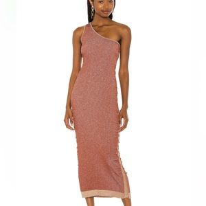 Suboo Leah One Shoulder Dress in Rust/Gold Bodycon Ruched Shimmer Dress Midi XS